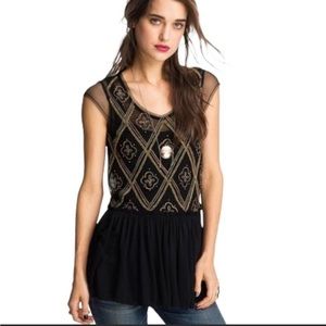 Free People Holiday India Beaded Sheer Black Tunic Top - Medium